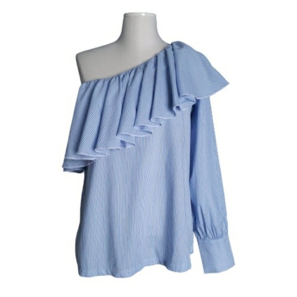 LOFT Railroad Striped Ruffle One Shoulder Top